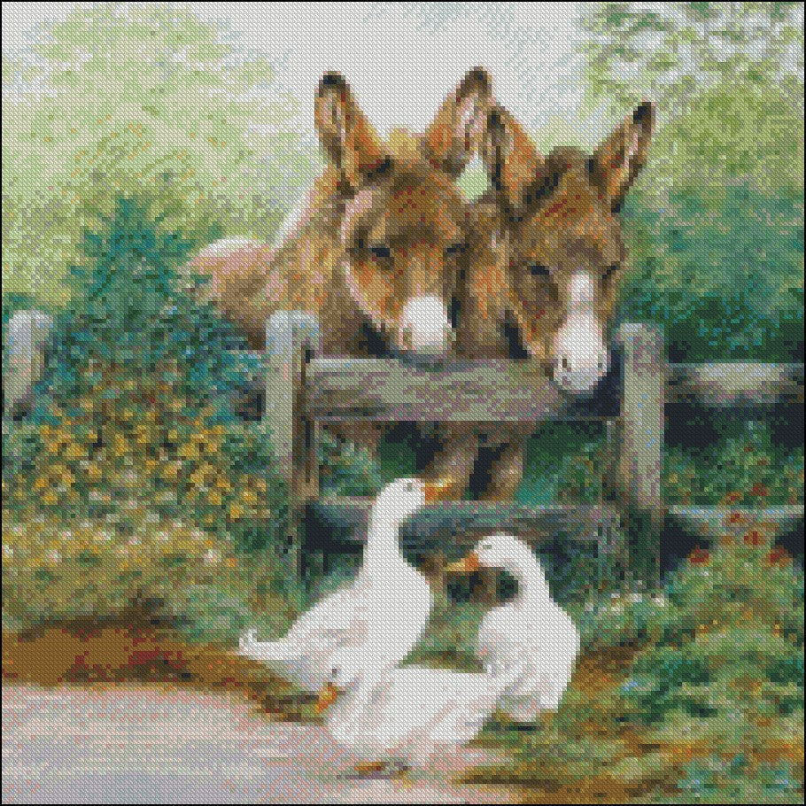 Three Ducks and Two Donkeys - Counted Cross Stitch Patterns Embroidery Crafts Needlework DIY Chart DMC Color