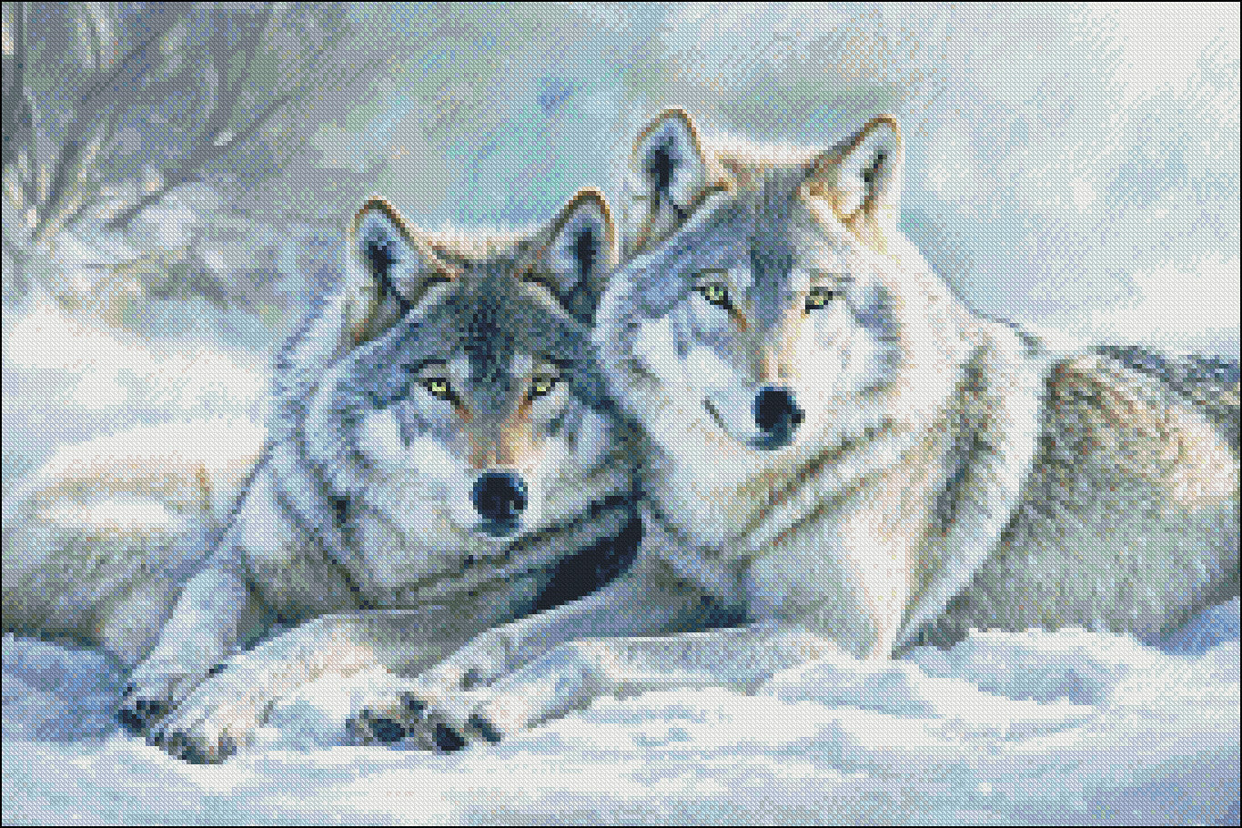 Two Wolves in the Snow 1 - Counted Cross Stitch Patterns Embroidery Crafts Needlework DIY Chart DMC Color
