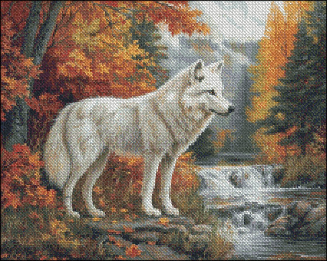 White Wolf in Autumn - Counted Cross Stitch Patterns Embroidery Crafts Needlework DIY Chart DMC Color