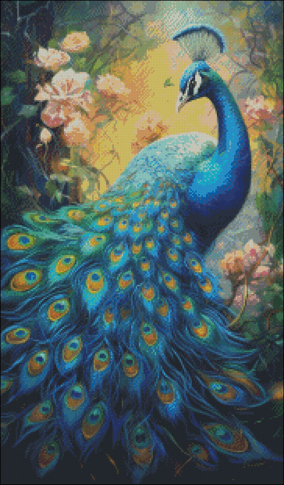 Blue Peacock with Long Feathers - Counted Cross Stitch Patterns Embroidery Crafts Needlework DIY Chart DMC Color