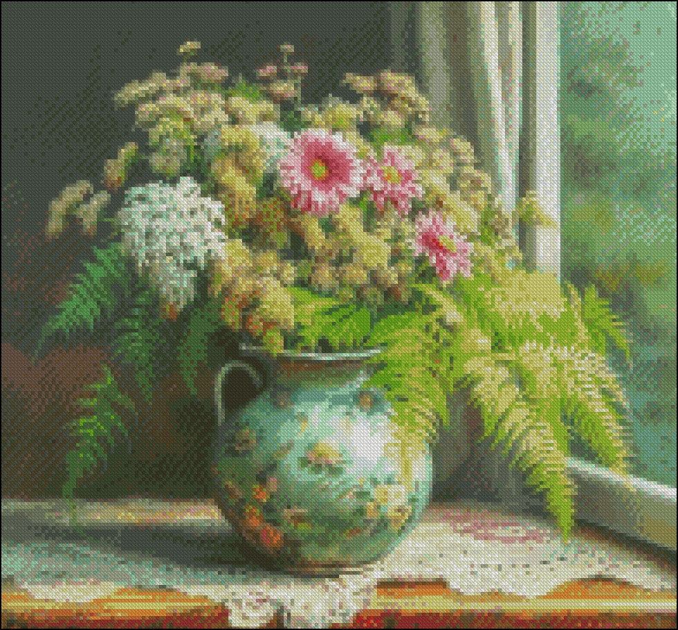 Noble Vase and Fern 2 - Counted Cross Stitch Patterns Embroidery Crafts Needlework DIY Chart DMC Color