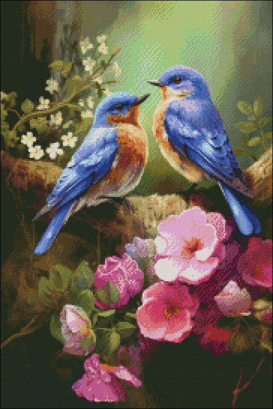 Bluebirds perched on Branch - Counted Cross Stitch Patterns Embroidery Crafts Needlework DIY Chart DMC Color