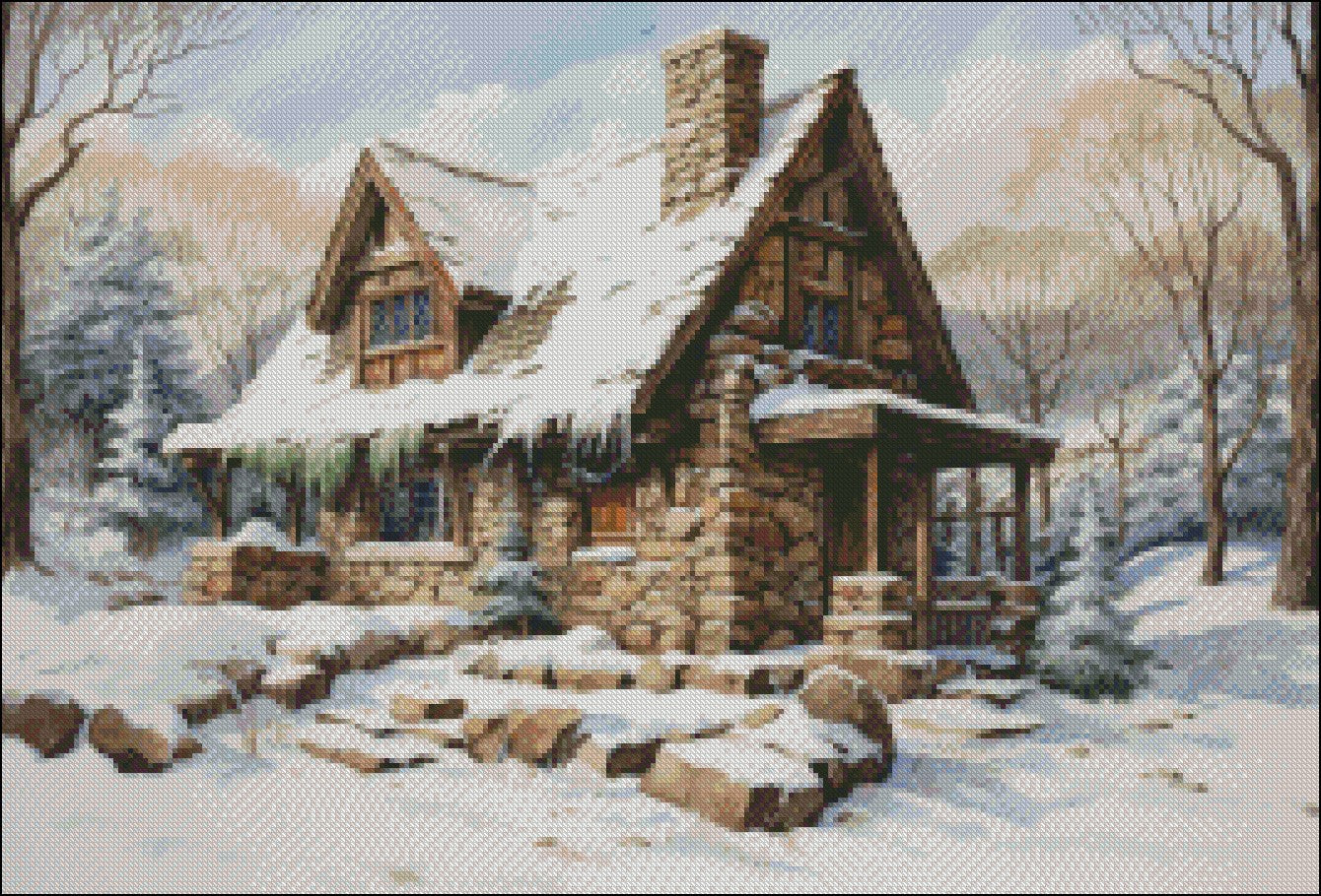 Cozy Cabin in the Snow - Counted Cross Stitch Patterns Embroidery Crafts Needlework DIY Chart DMC Color