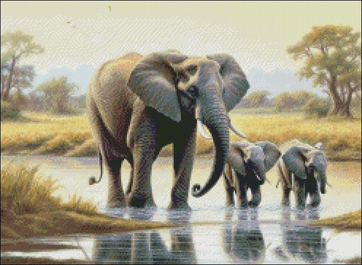 An Elephant Family's Passage - Counted Cross Stitch Patterns Embroidery Crafts Needlework DIY Chart DMC Color