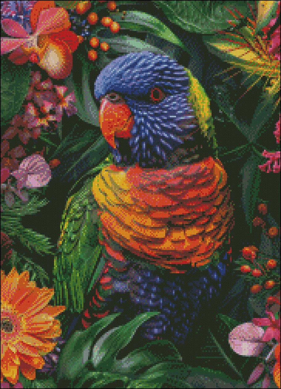 Rainbow Lorikeet Flowers - Counted Cross Stitch Patterns Embroidery Crafts Needlework DIY Chart DMC Color