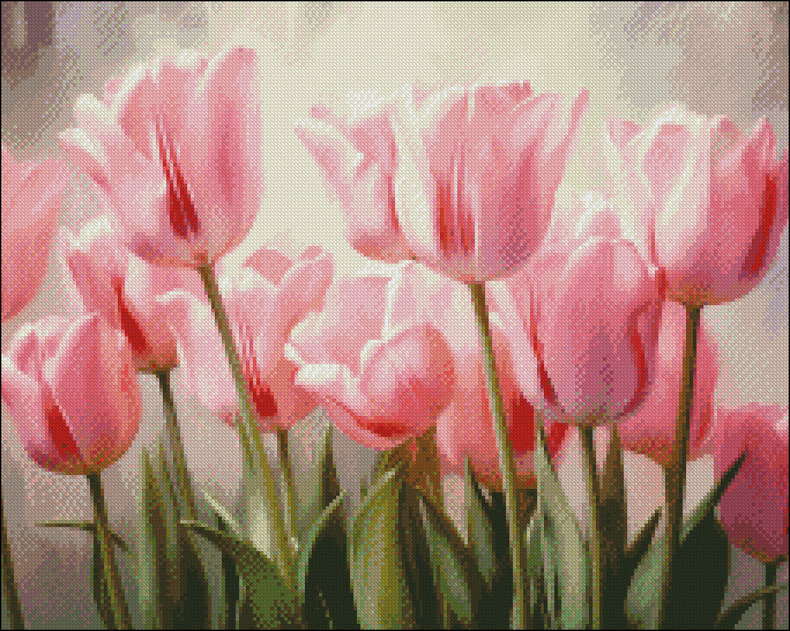 Pink Tulip Flowers 3 - Counted Cross Stitch Patterns Embroidery Crafts Needlework DIY Chart DMC Color
