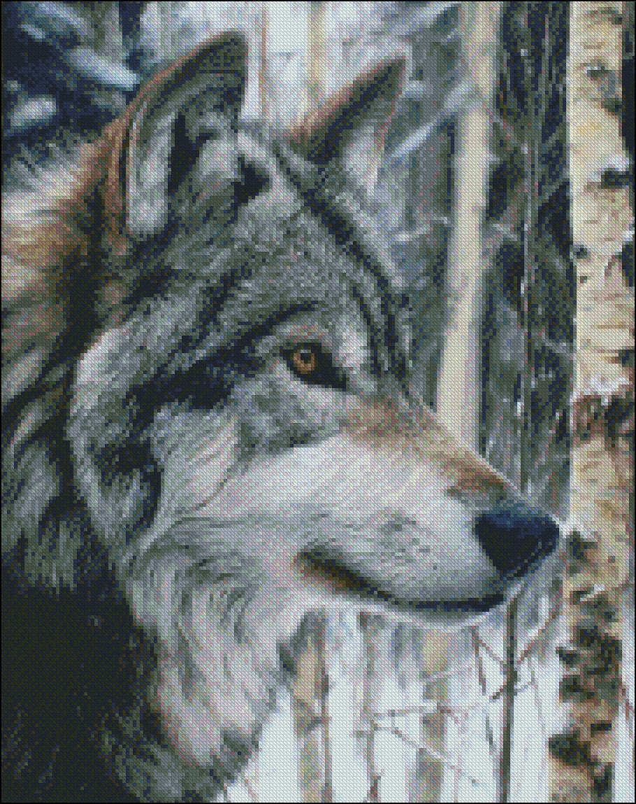 Wolf in Birches - Counted Cross Stitch Patterns Embroidery Crafts Needlework DIY Chart DMC Color