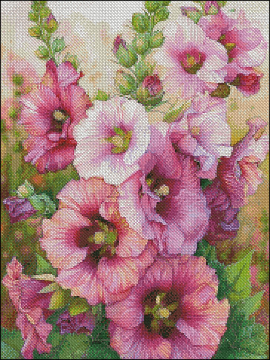 Hollyhocks In Evening Glow 2 - Counted Cross Stitch Patterns Embroidery Crafts Needlework DIY Chart DMC Color