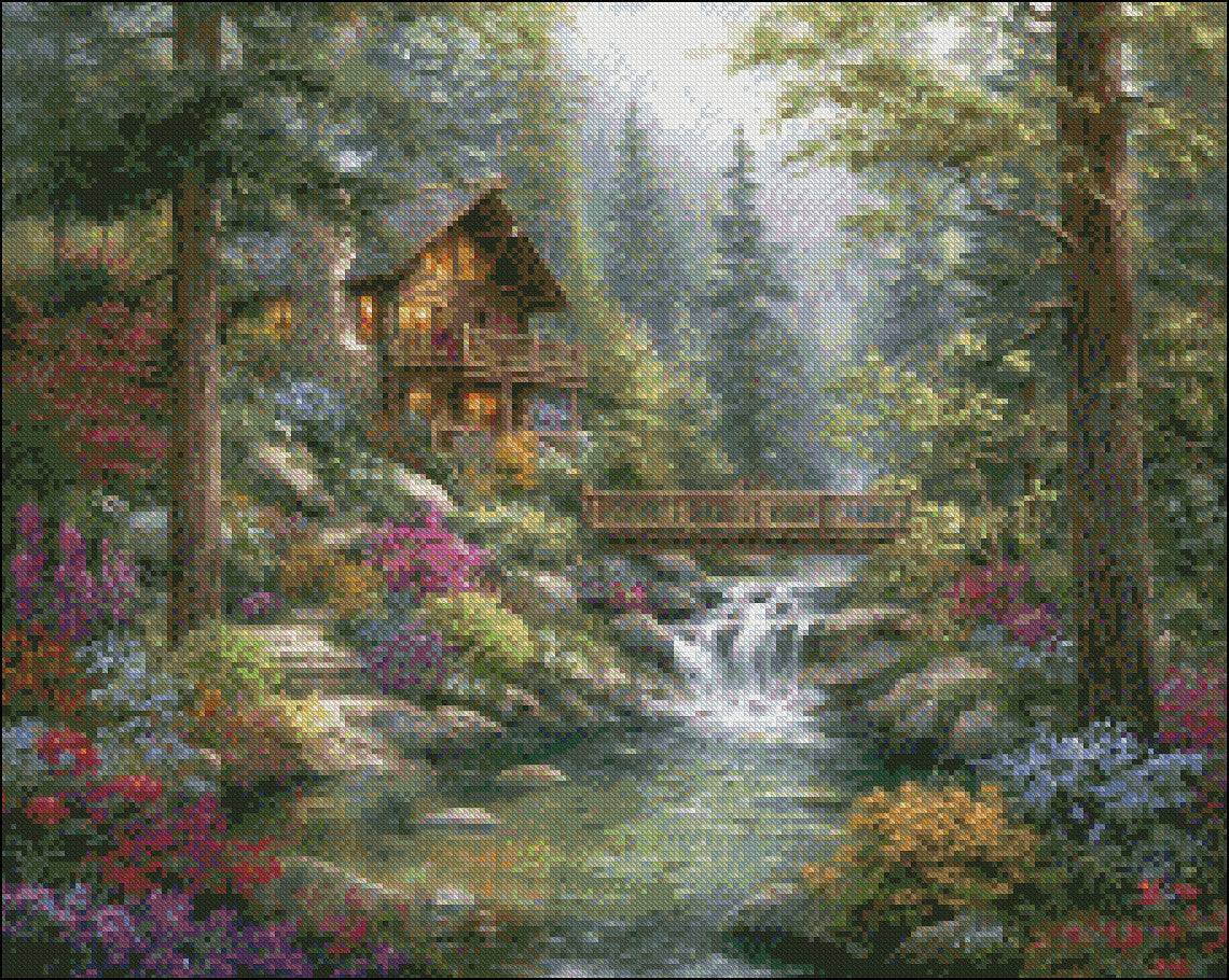 The Cabin Beyond the Bridge - Counted Cross Stitch Patterns Embroidery Crafts Needlework DIY Chart DMC Color