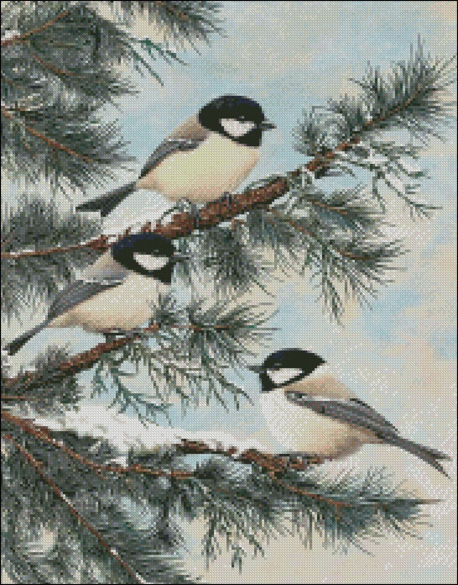 Chickadees in Pines- Counted Cross Stitch Patterns Embroidery Crafts Needlework DIY Chart DMC Color