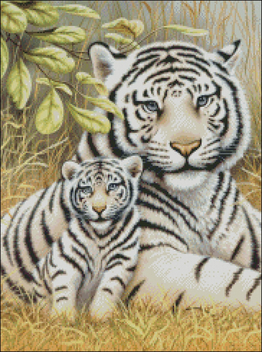 White Tigers - Counted Cross Stitch Patterns Embroidery Crafts Needlework DIY Chart DMC Color