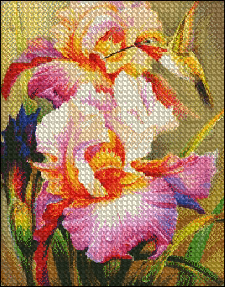 Iris and Hummingbird 1 - Counted Cross Stitch Patterns Embroidery Crafts Needlework DIY Chart DMC Color