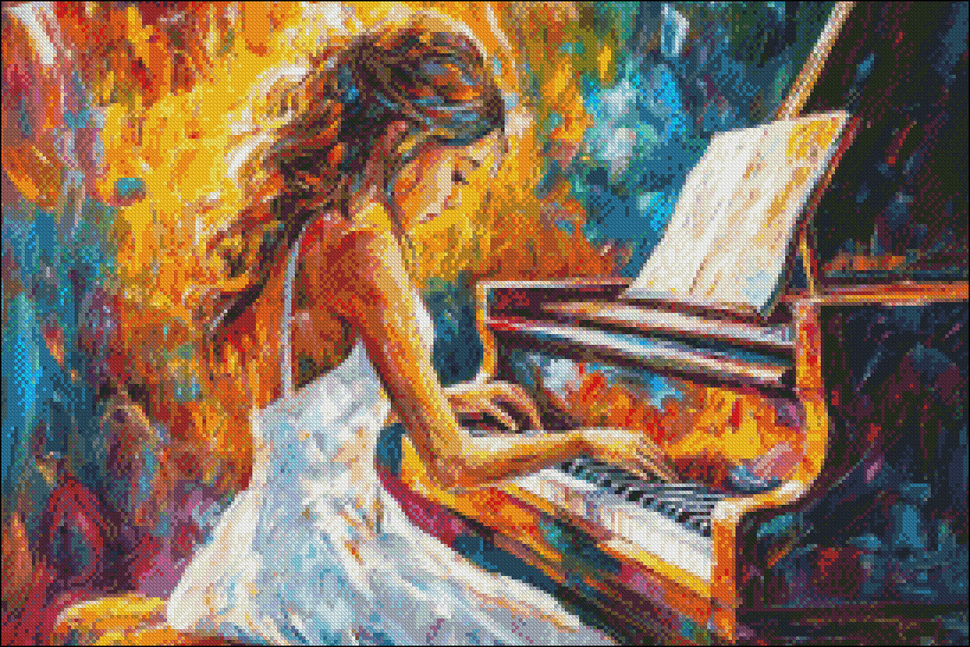 The Girl Playing on the Piano 1 - Counted Cross Stitch Patterns Embroidery Crafts Needlework DIY Chart DMC Color