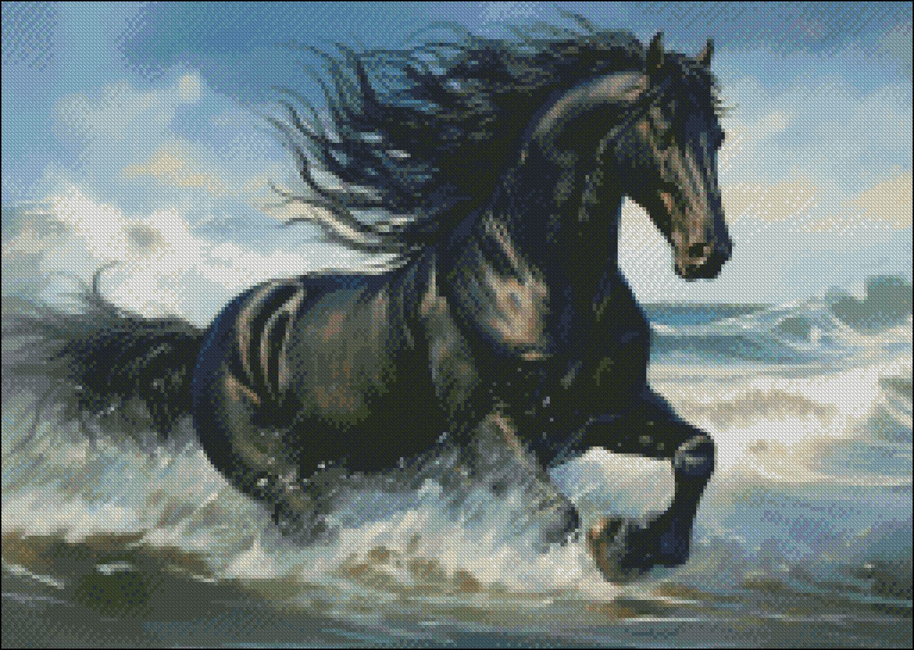 Black Horse Running - Counted Cross Stitch Patterns Embroidery Crafts Needlework DIY Chart DMC Color