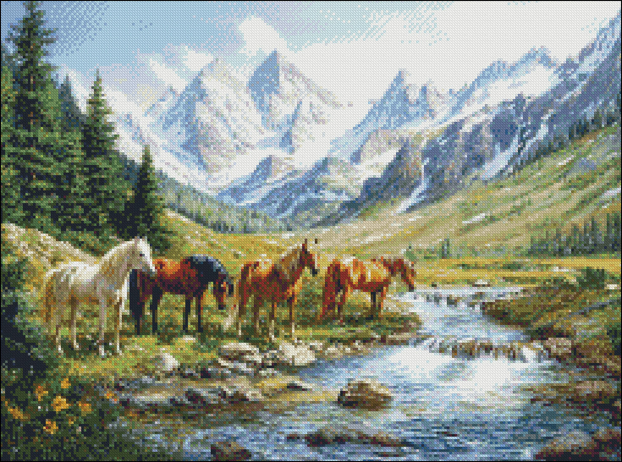 Horses in Wilderness - Counted Cross Stitch Patterns Embroidery Crafts Needlework DIY Chart DMC Color