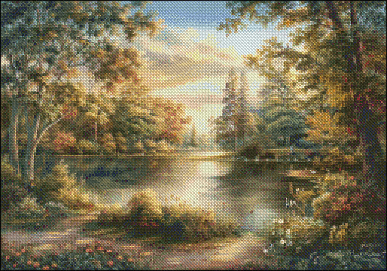 Summer Lake with Trees and Bushes - Counted Cross Stitch Patterns Embroidery Crafts Needlework DIY Chart DMC Color
