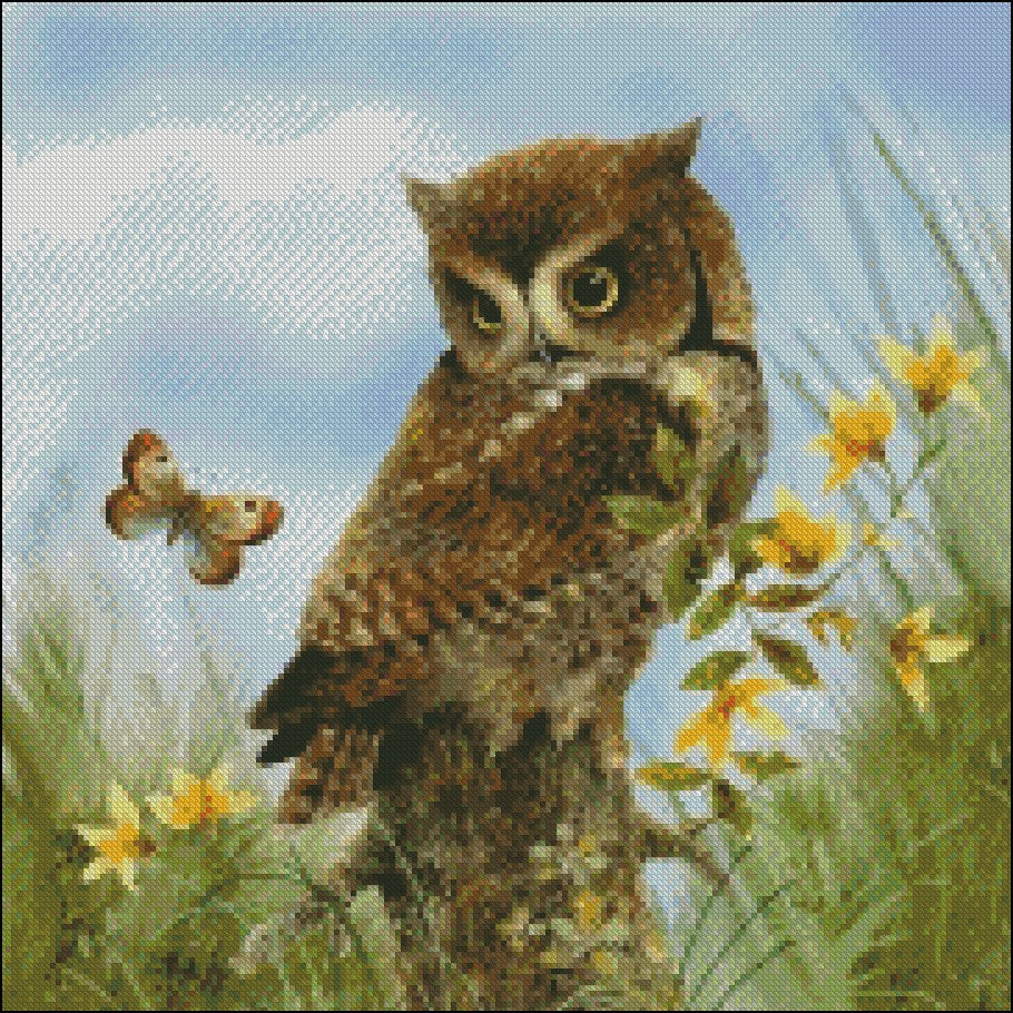 Owl in the Meadow - Counted Cross Stitch Patterns Embroidery Crafts Needlework DIY Chart DMC Color