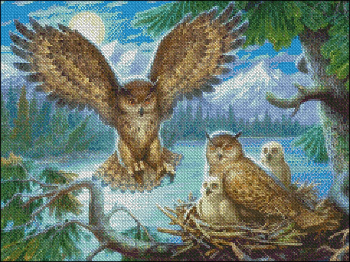 Owl Family 2 - Counted Cross Stitch Patterns Embroidery Crafts Needlework DIY Chart DMC Color