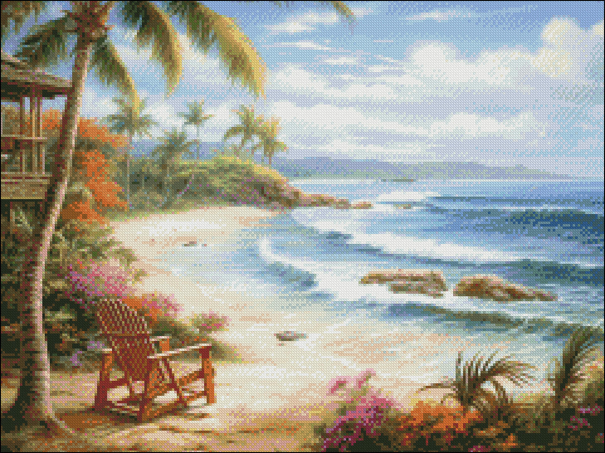 Beach and Palms  - Counted Cross Stitch Patterns Embroidery Crafts Needlework DIY Chart DMC Color