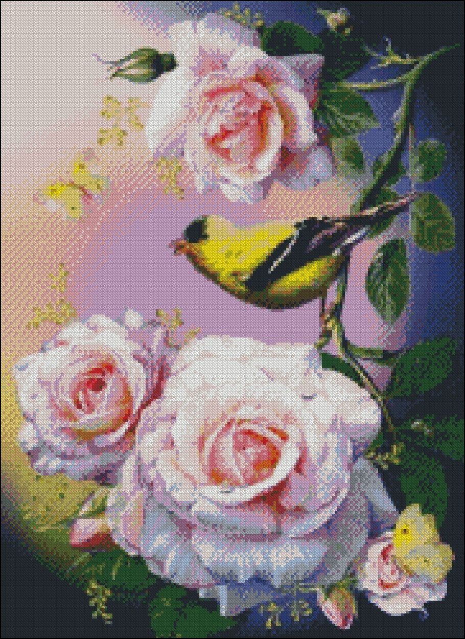 Roses and Yellow Bird - Counted Cross Stitch Patterns Embroidery Crafts Needlework DIY Chart DMC Color