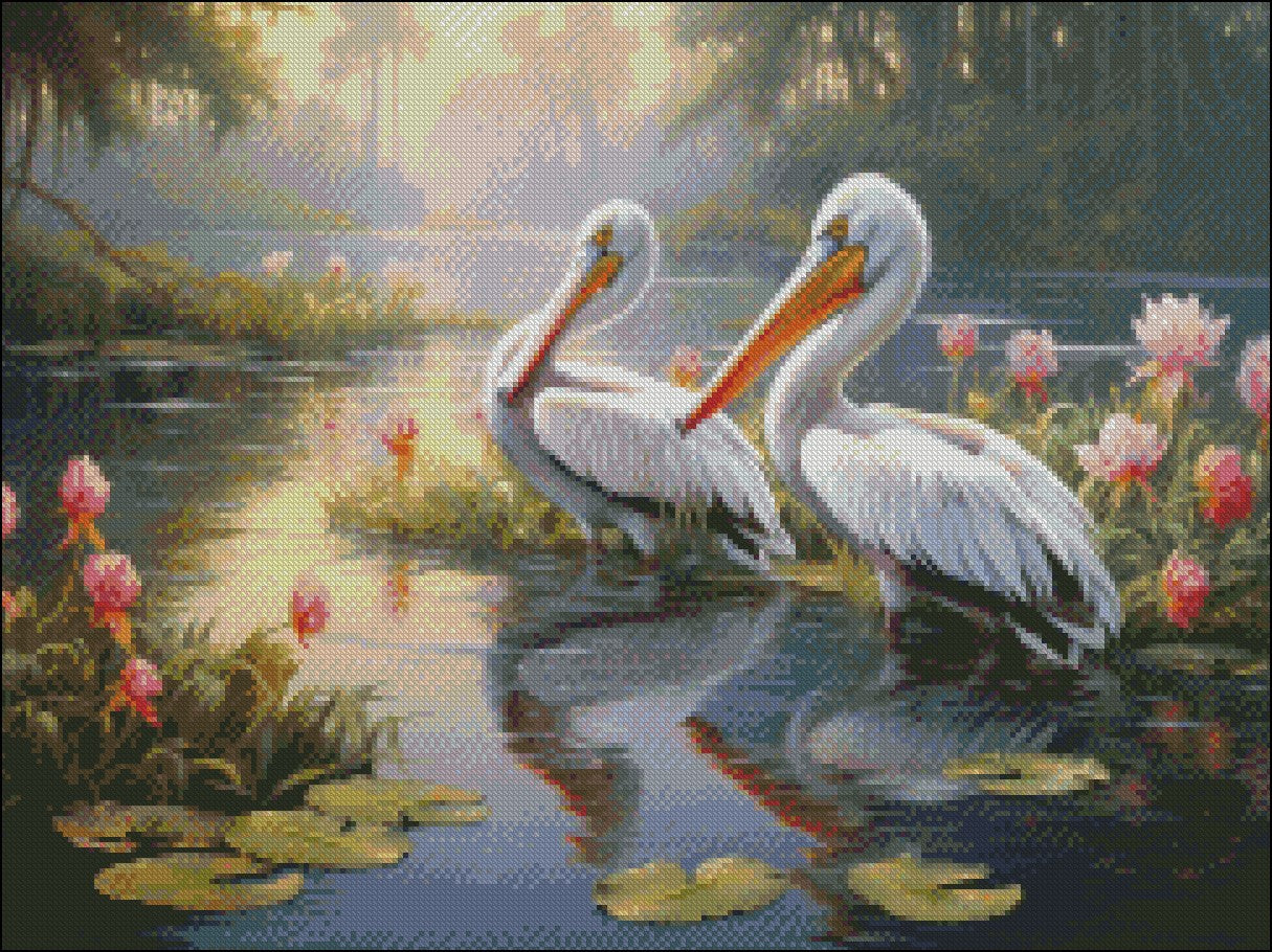 Pelicans on the Serene Lake - Counted Cross Stitch Patterns Embroidery Crafts Needlework DIY Chart DMC Color