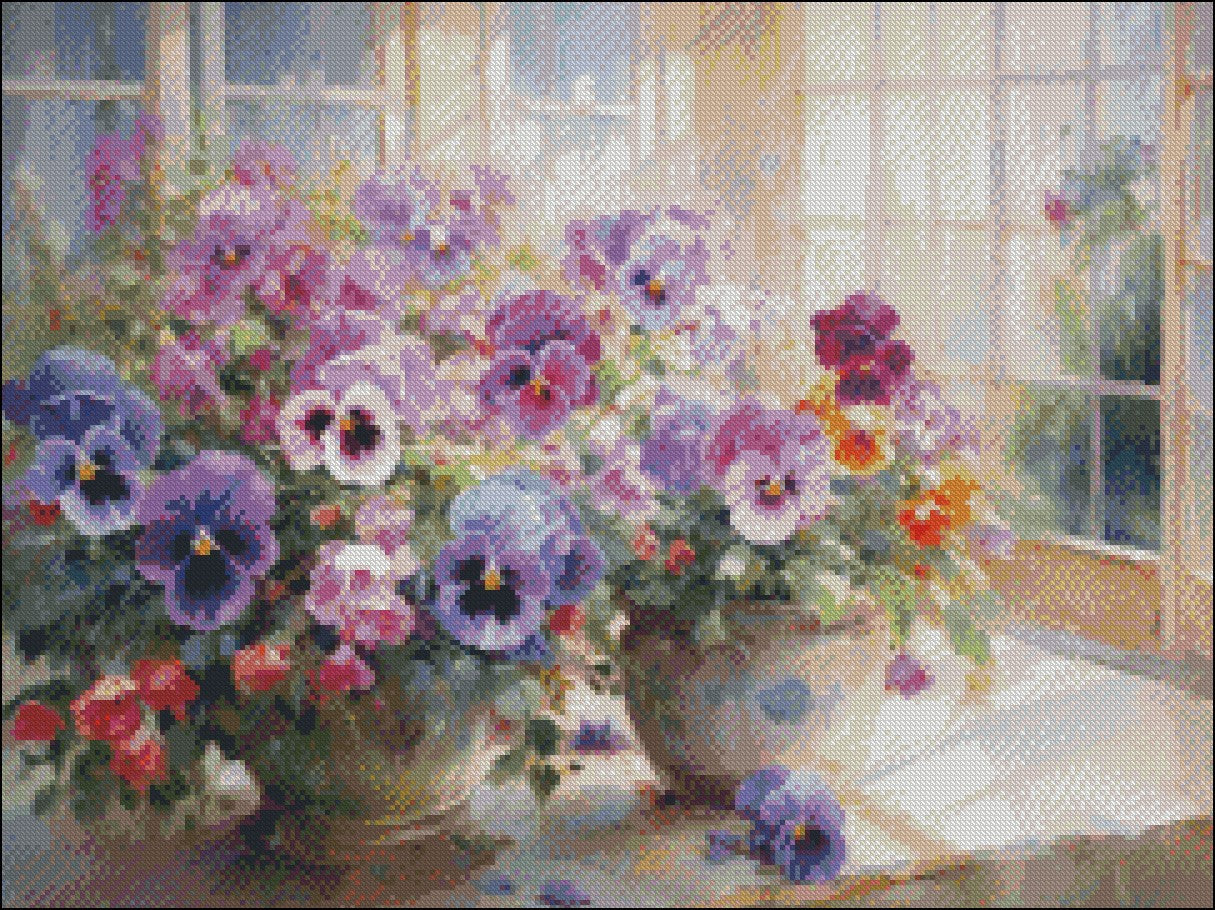 Pansies in Pots - Counted Cross Stitch Patterns Embroidery Crafts Needlework DIY Chart DMC Color