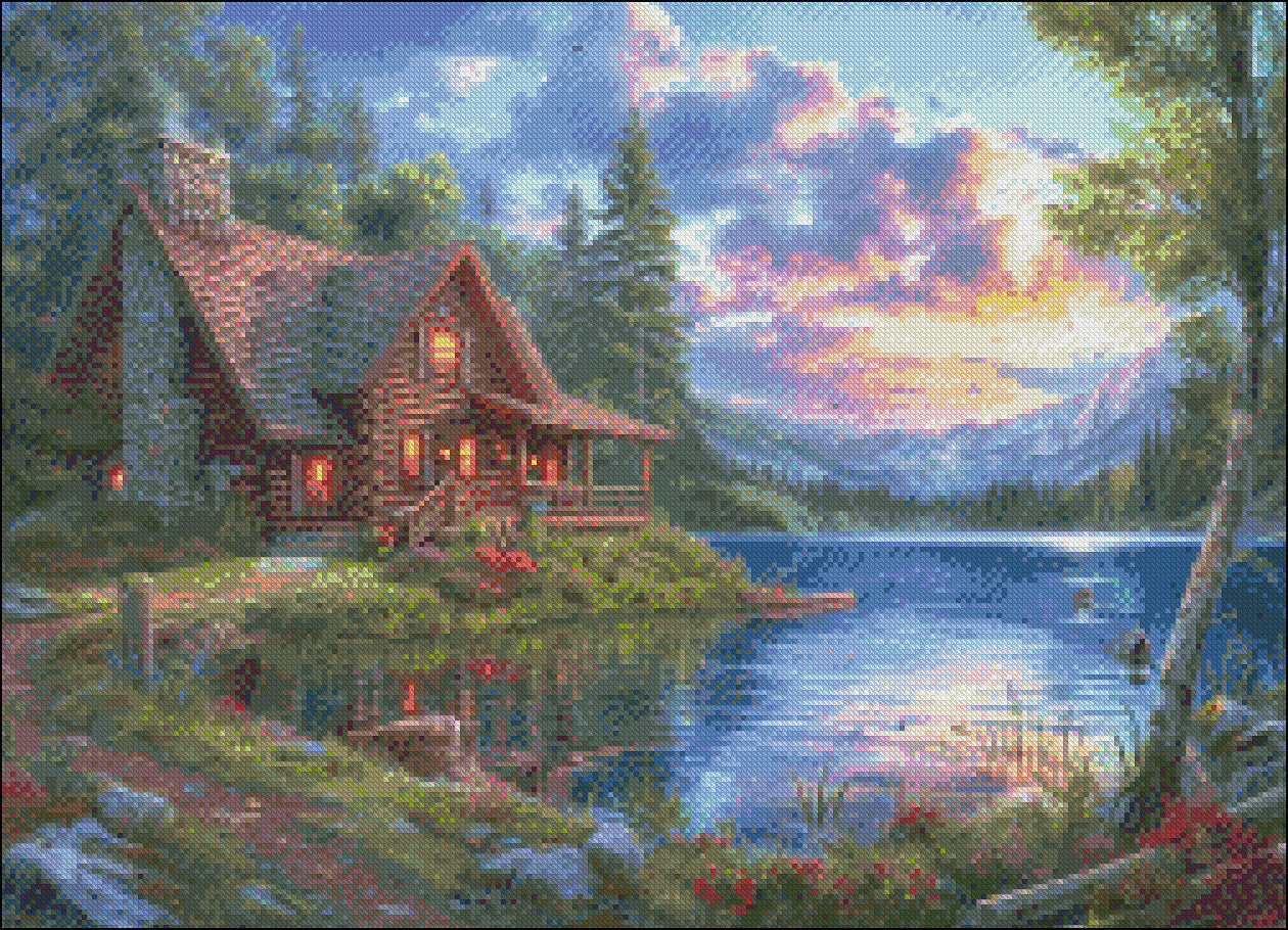 Log Cabin near Lake - Counted Cross Stitch Patterns Embroidery Crafts Needlework DIY Chart DMC Color