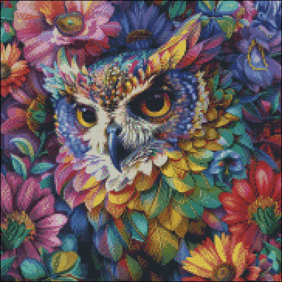 Colorful Owl with Flowers 1 - Counted Cross Stitch Patterns Embroidery Crafts Needlework DIY Chart DMC Color