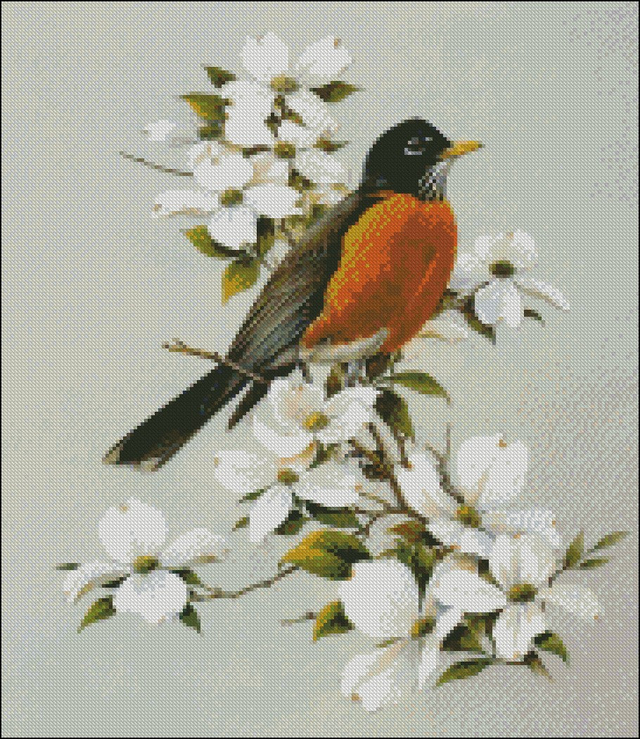 Robin amidst Magnolia - Counted Cross Stitch Patterns Embroidery Crafts Needlework DIY Chart DMC Color