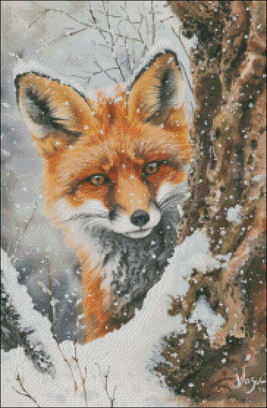Snowy Fox Cub - Counted Cross Stitch Patterns Embroidery Crafts Needlework DIY Chart DMC Color