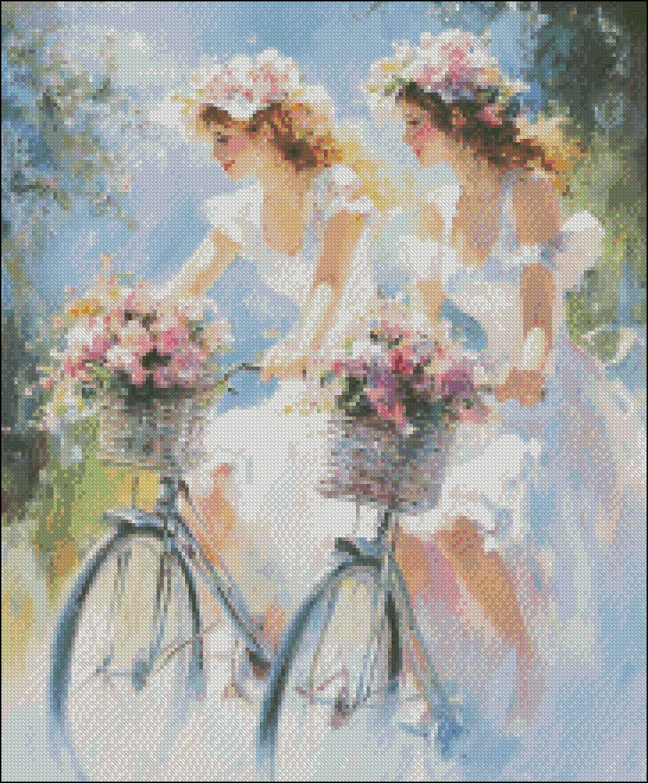 Cyclists 2 - Counted Cross Stitch Patterns Embroidery Crafts Needlework DIY Chart DMC Color