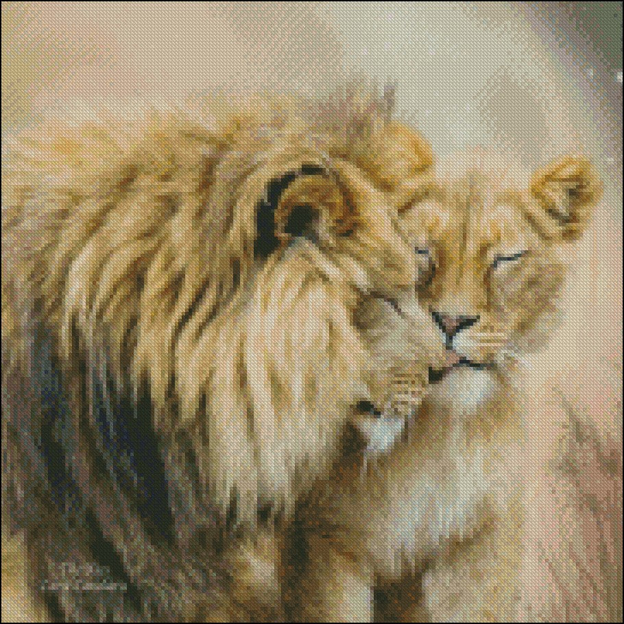 Lion Family 1 - Counted Cross Stitch Patterns Embroidery Crafts Needlework DIY Chart DMC Color