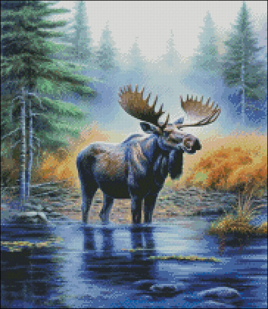 Moose in Water - Counted Cross Stitch Patterns Embroidery Crafts Needlework DIY Chart DMC Color