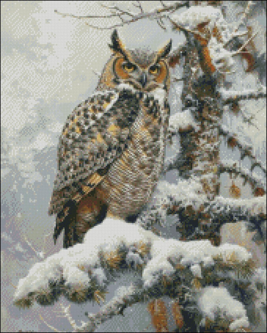 Great Horned Owl perched in Tree 2 - Counted Cross Stitch Patterns Embroidery Crafts Needlework DIY Chart DMC Color