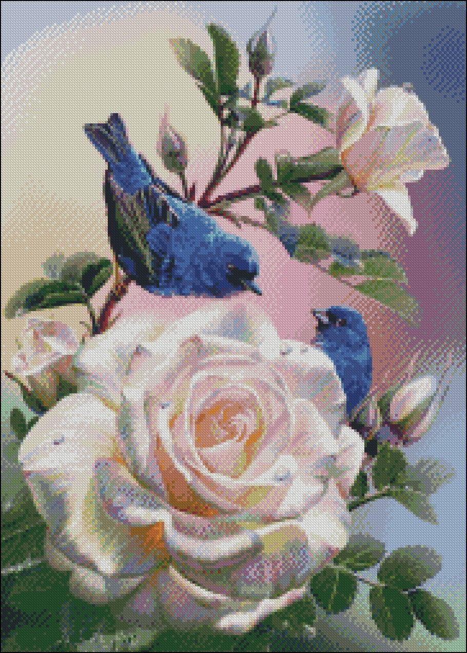 Roses and Blue Birds - Counted Cross Stitch Patterns Embroidery Crafts Needlework DIY Chart DMC Color