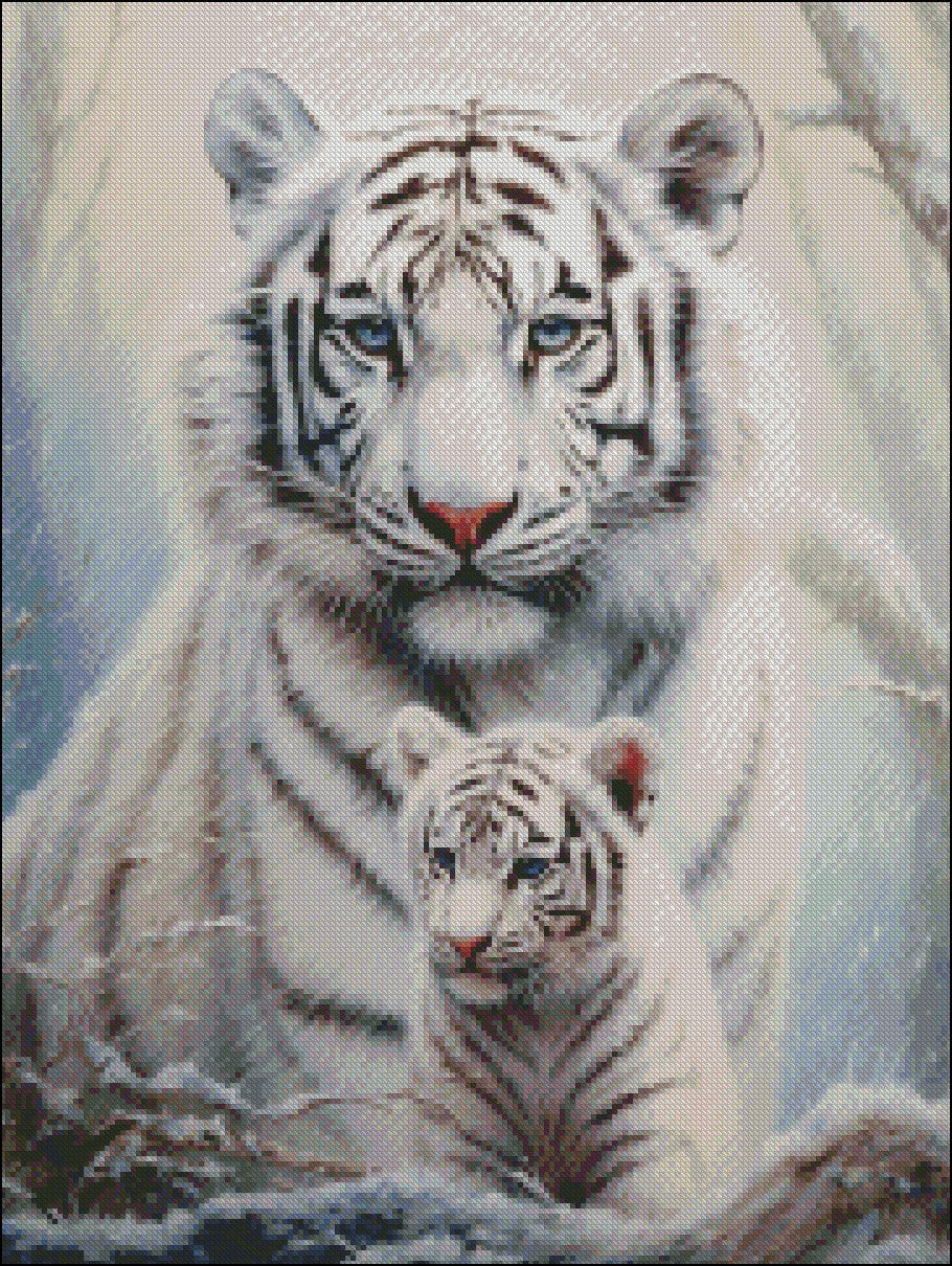 White Tiger and Cub - Counted Cross Stitch Patterns Embroidery Crafts Needlework DIY Chart DMC Color