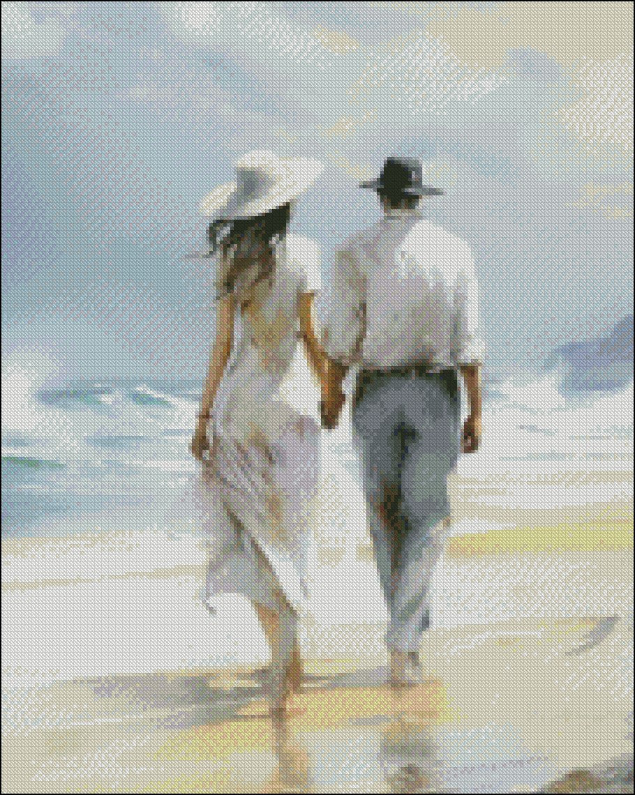 Romantic Walk at Beach - Counted Cross Stitch Patterns Embroidery Crafts Needlework DIY Chart DMC Color