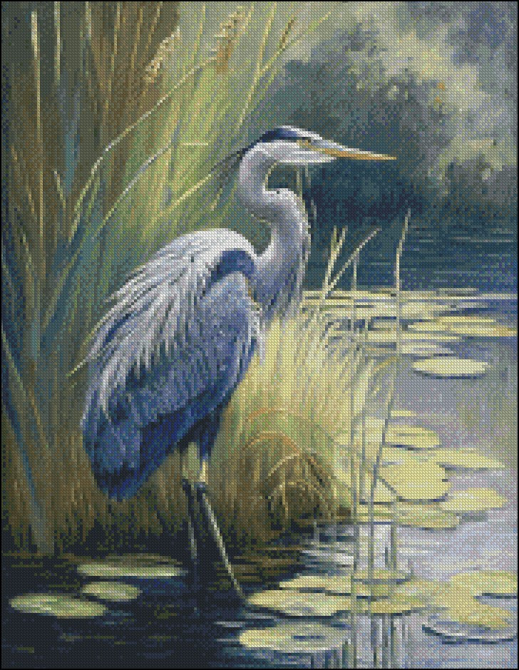 Heron at Monet's Pond - Counted Cross Stitch Patterns Embroidery Crafts Needlework DIY Chart DMC Color