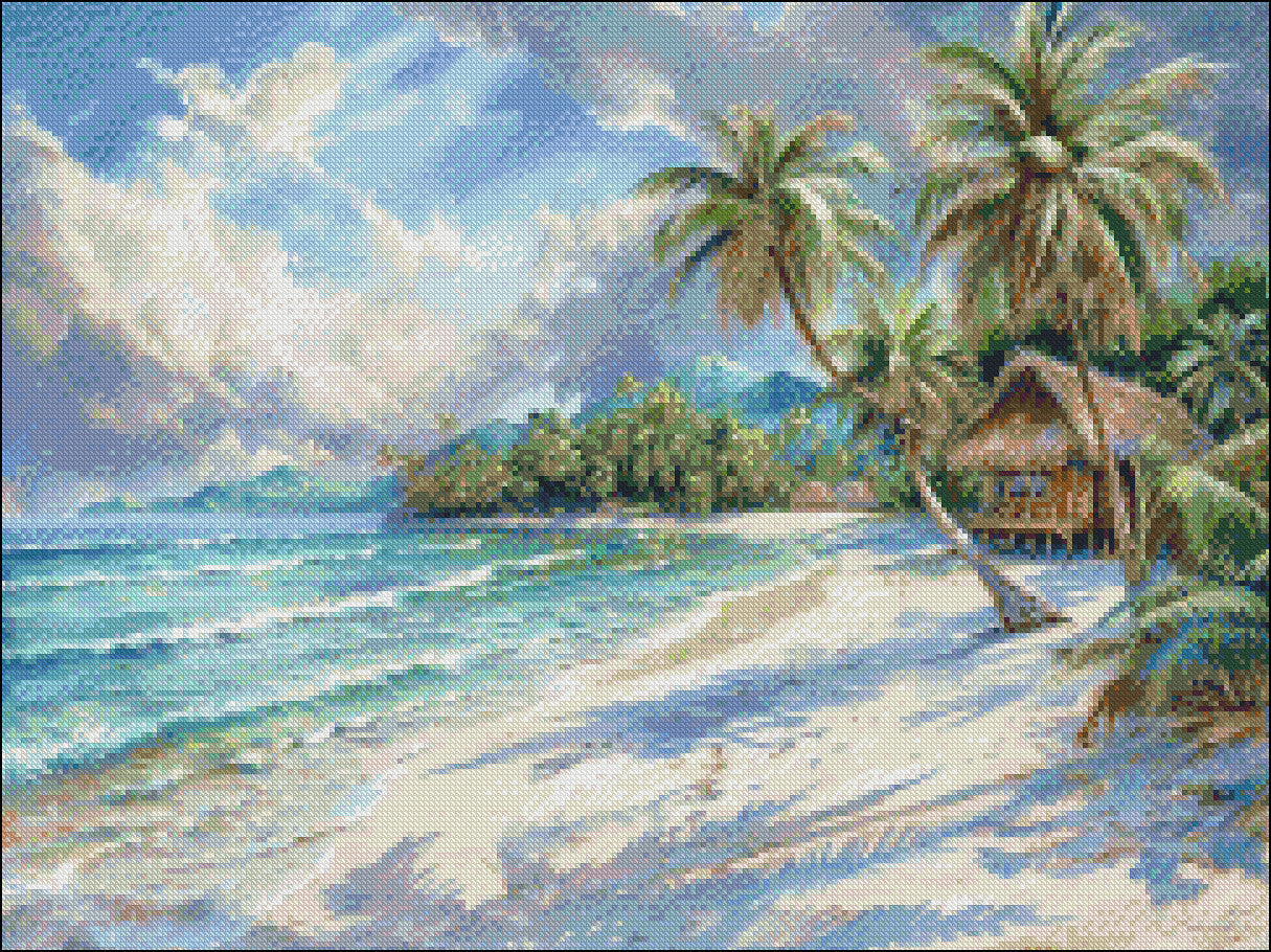 Tropical Beach and Palms  - Counted Cross Stitch Patterns Embroidery Crafts Needlework DIY Chart DMC Color