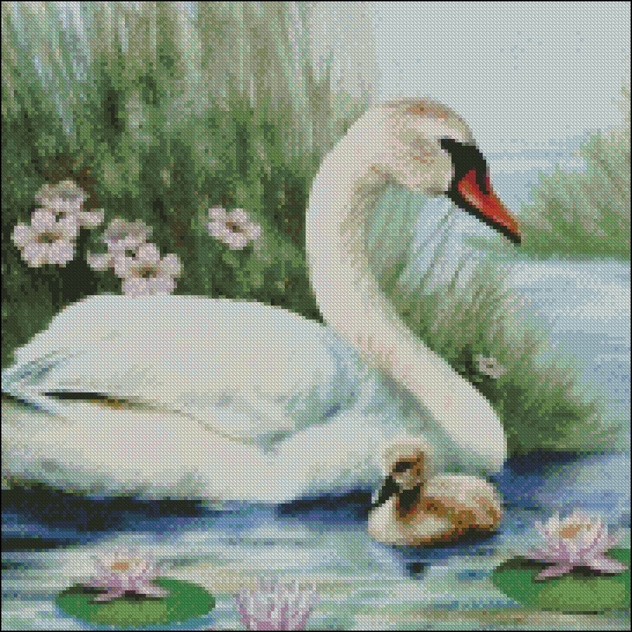 Swan and Cygnet - Counted Cross Stitch Patterns Embroidery Crafts Needlework DIY Chart DMC Color