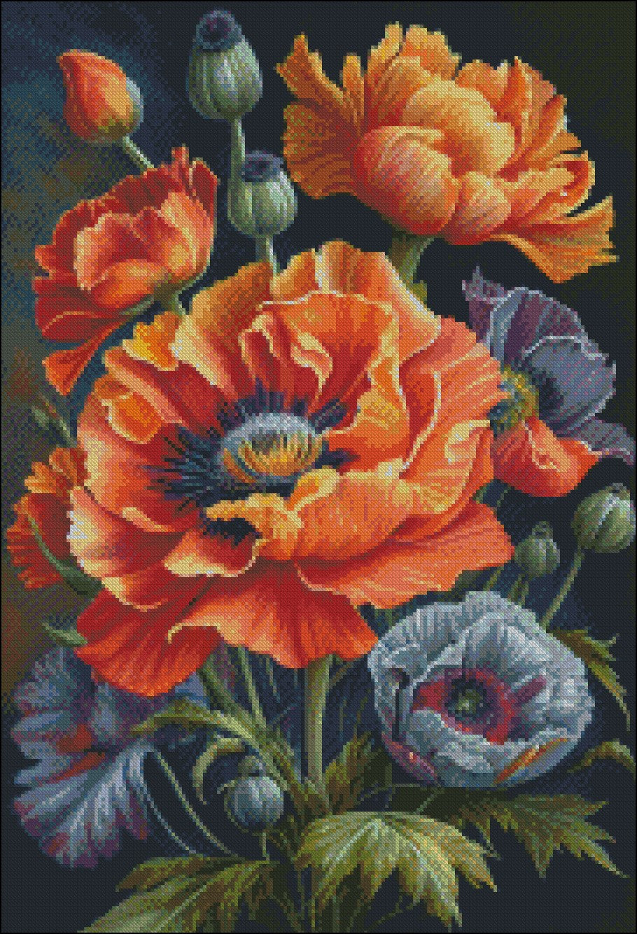 Poppy Floral 3 - Counted Cross Stitch Patterns Embroidery Crafts Needlework DIY Chart DMC Color