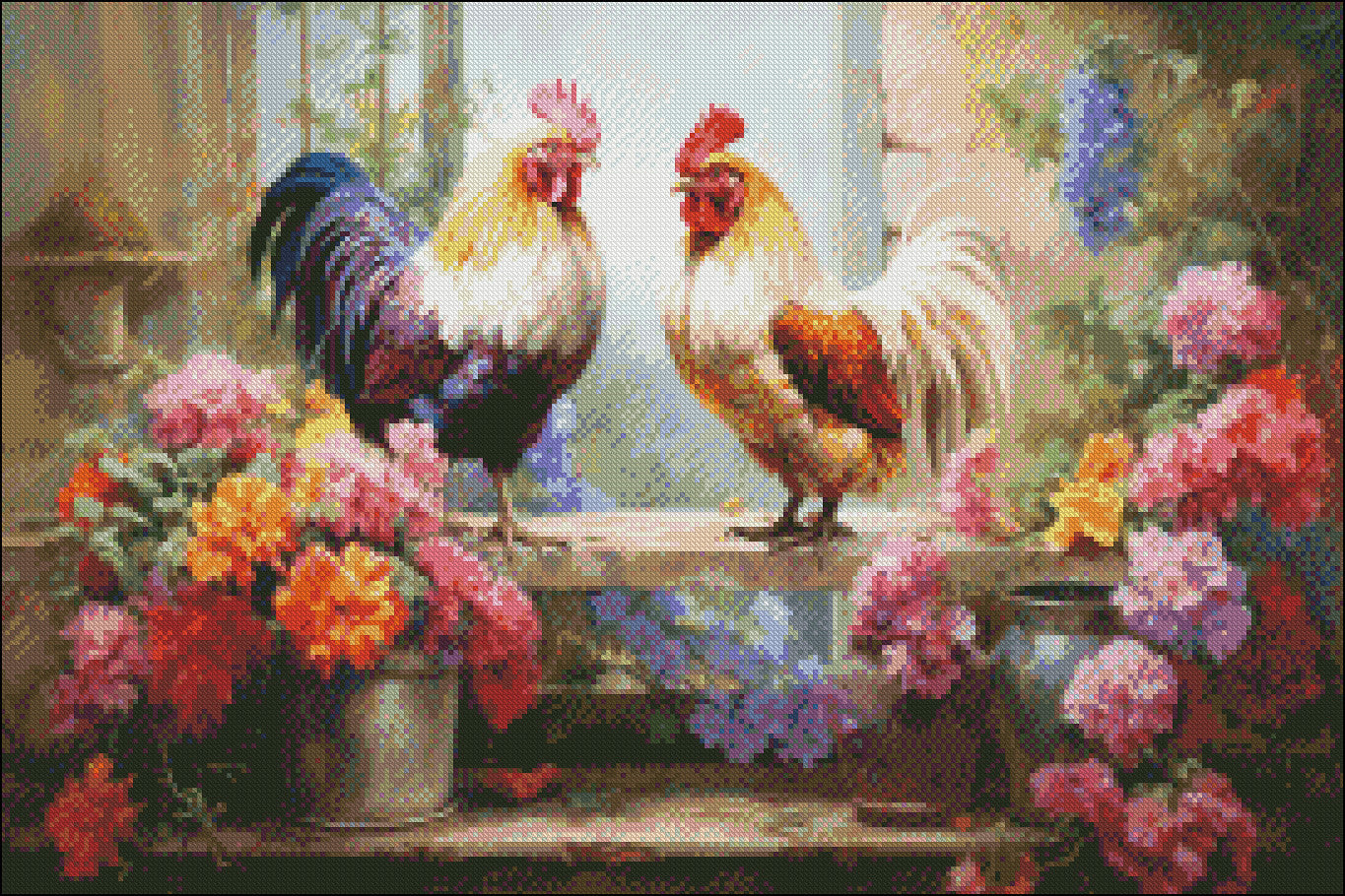 Two Chickens and Flowers - Counted Cross Stitch Patterns Embroidery Crafts Needlework DIY Chart DMC Color