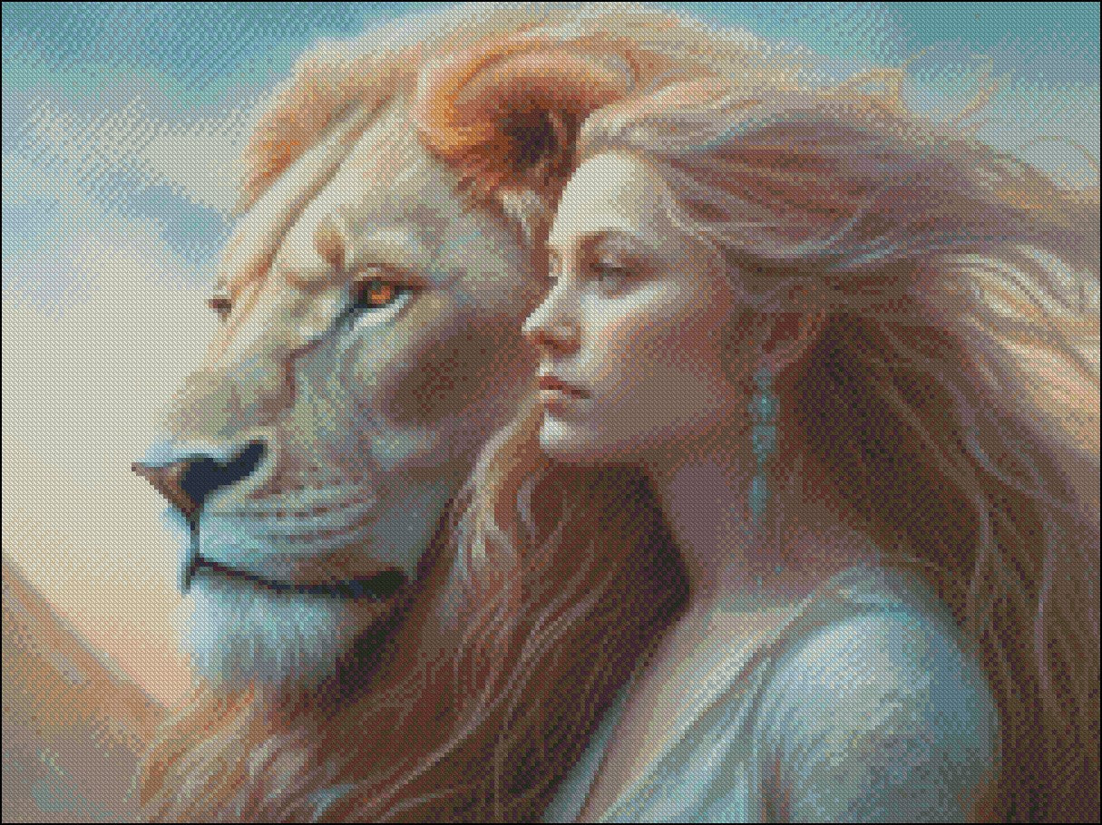 Lion and Beauty - Counted Cross Stitch Patterns Embroidery Crafts Needlework DIY Chart DMC Color