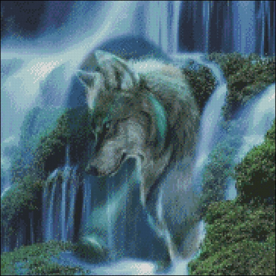 Waterfall Scenic Wolf - Counted Cross Stitch Patterns Embroidery Crafts Needlework DIY Chart DMC Color