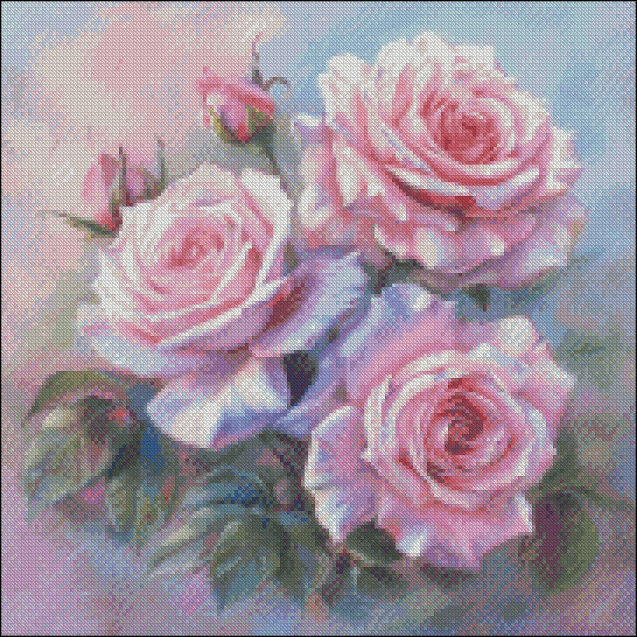 Pink Roses 9 - Counted Cross Stitch Patterns Embroidery Crafts Needlework DIY Chart DMC Color