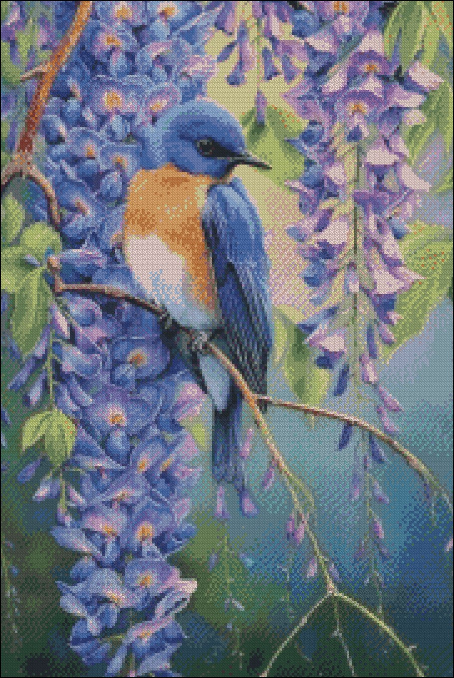 Bluebird in Wisteria 2 - Counted Cross Stitch Patterns Embroidery Crafts Needlework DIY Chart DMC Color