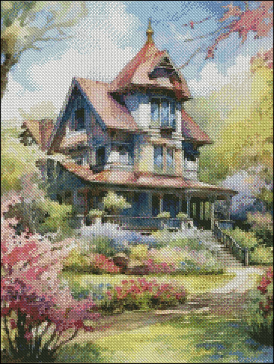 Victorian Cottage in spring - Counted Cross Stitch Patterns Embroidery ...