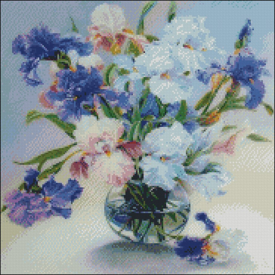 Iris in Vase - Counted Cross Stitch Patterns Embroidery Crafts Needlework DIY Chart DMC Color
