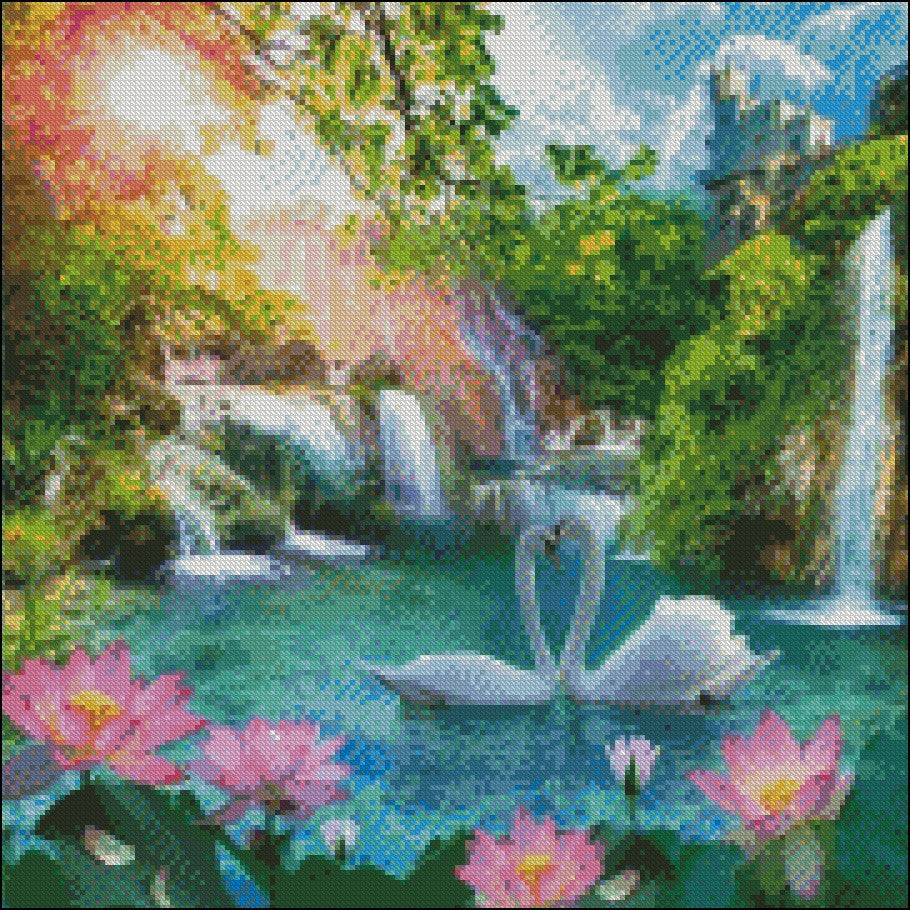 Swan Waterfall - Counted Cross Stitch Patterns Embroidery Crafts Needlework DIY Chart DMC Color