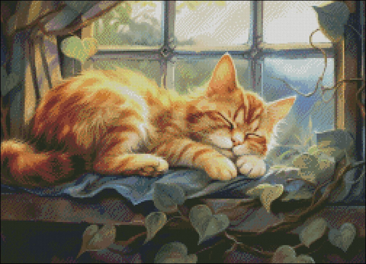 Window-Sill Sleeper - Counted Cross Stitch Patterns Embroidery Crafts Needlework DIY Chart DMC Color